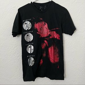 Black Bauhaus band tshirt with metallic red and silver graphic.